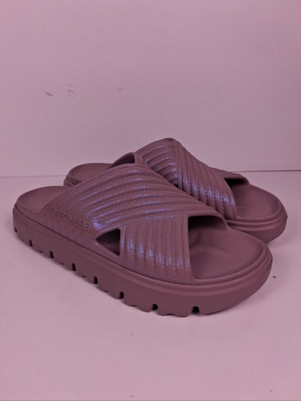 Skechers Foamies Top Level Vibe Check Size 8 Purple Platform Slides Summer Beach